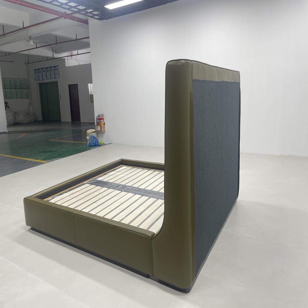 Modern Soft Vertical Channel Tufted Headboard Upholstered Bed, Olive Green Faux Leather Platform Bed Frame