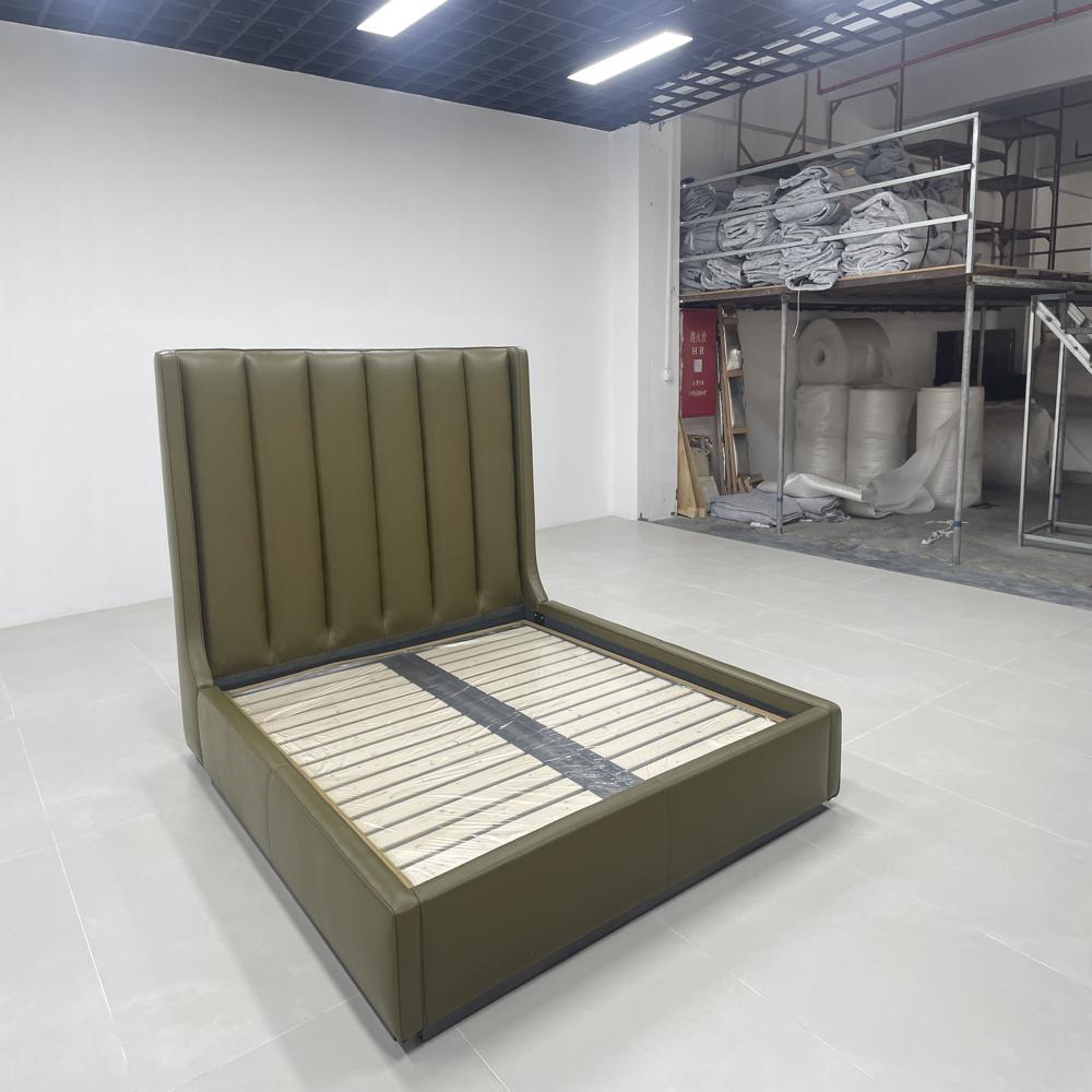 Modern Soft Vertical Channel Tufted Headboard Upholstered Bed, Olive Green Faux Leather Platform Bed Frame