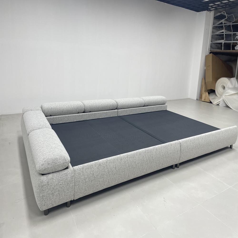Modern Soft Modular Upholstered Bed, Oversized Light Gray Fabric Platform Bed with Side Pillows, Luxury Family-Size Bed for Bedroom