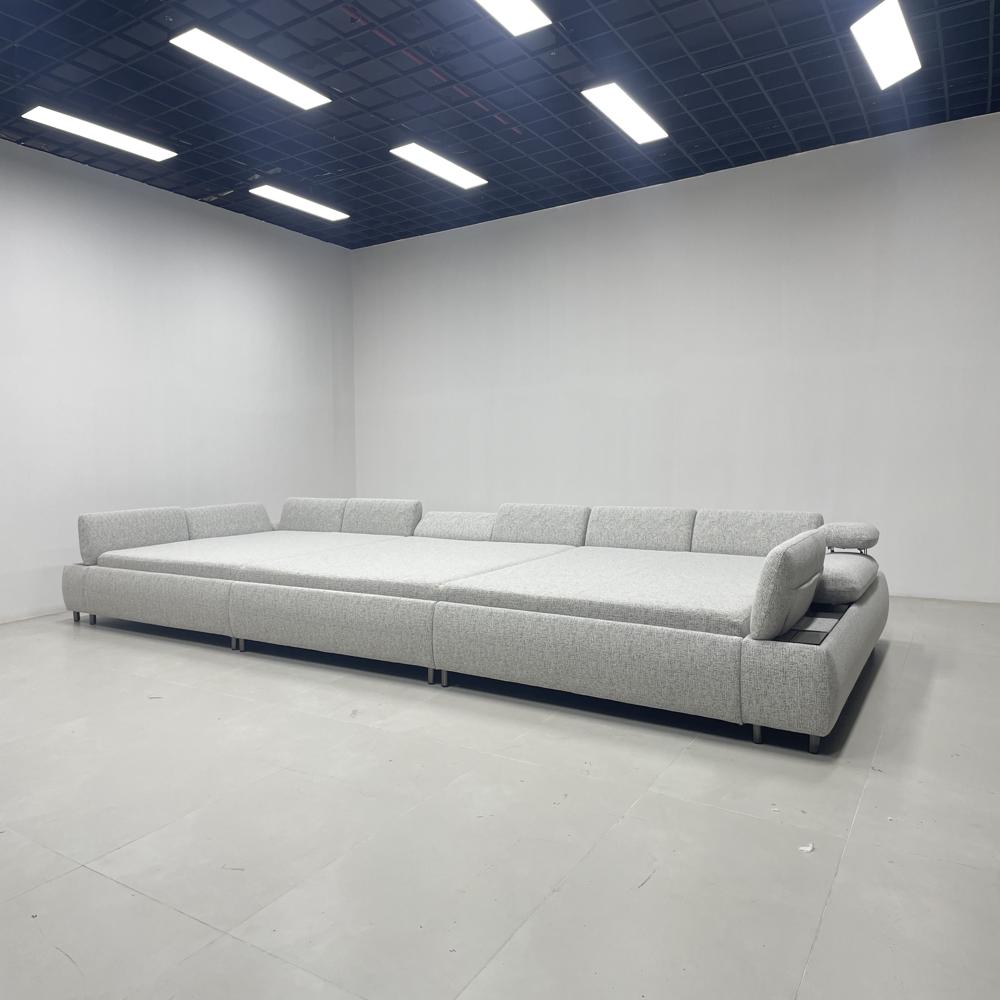 Modern Soft Modular Upholstered Bed, Oversized Light Gray Fabric Platform Bed with Side Pillows, Luxury Family-Size Bed for Bedroom