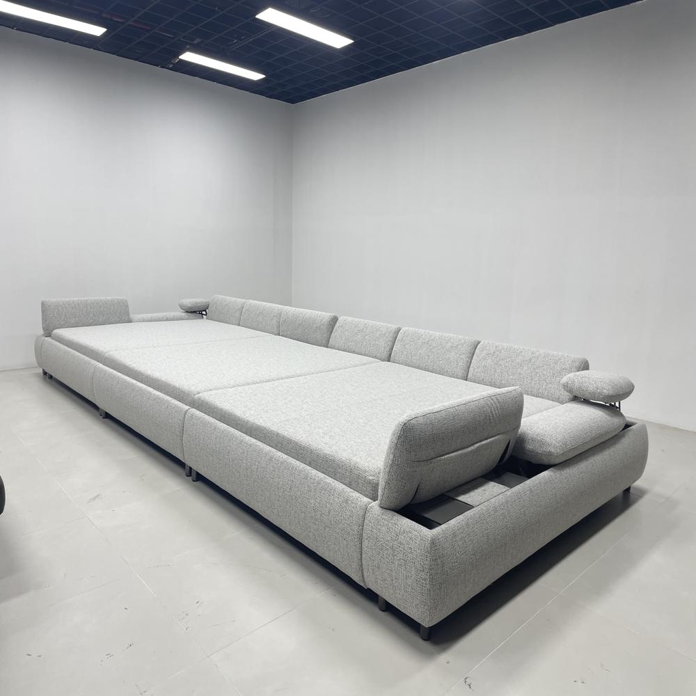 Modern Soft Modular Upholstered Bed, Oversized Light Gray Fabric Platform Bed with Side Pillows, Luxury Family-Size Bed for Bedroom