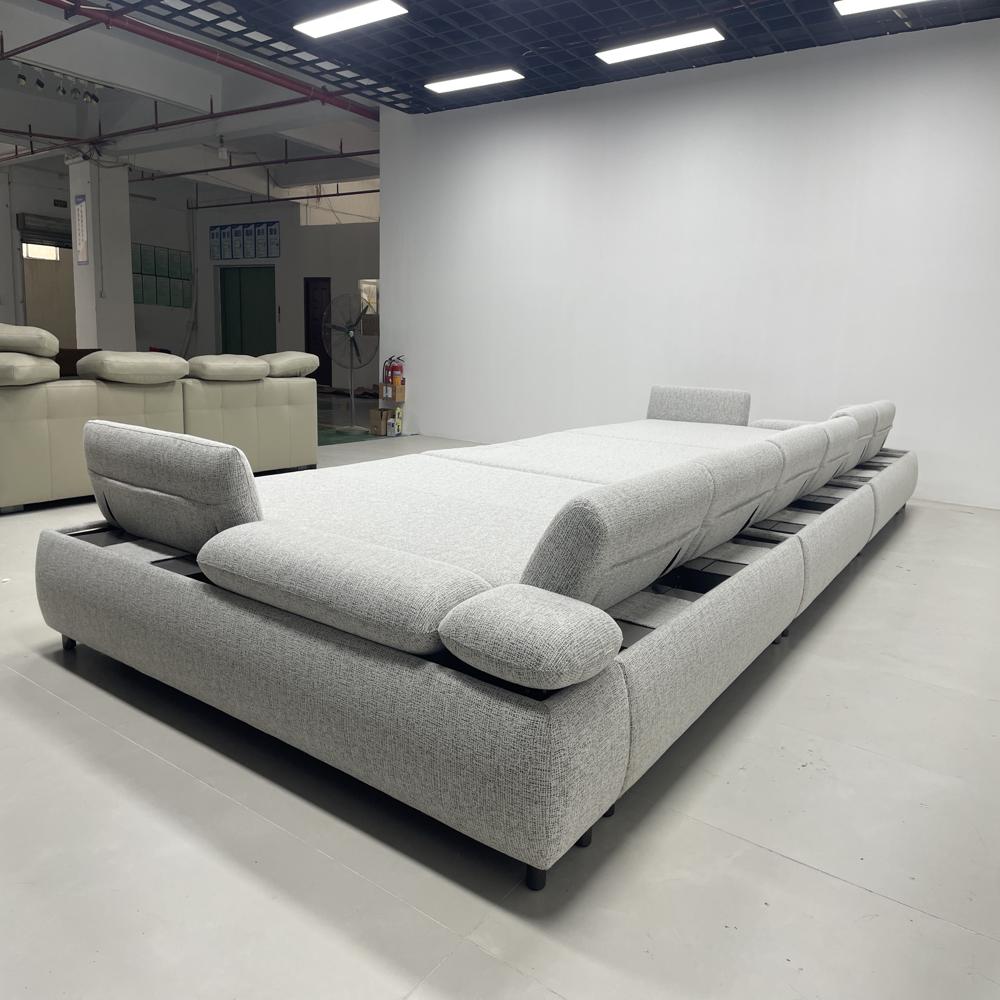 Modern Soft Modular Upholstered Bed, Oversized Light Gray Fabric Platform Bed with Side Pillows, Luxury Family-Size Bed for Bedroom