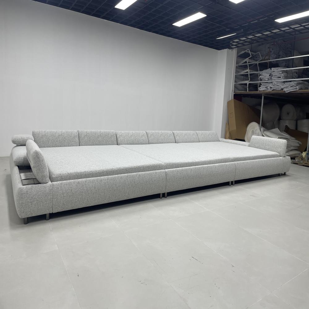 Modern Soft Modular Upholstered Bed, Oversized Light Gray Fabric Platform Bed with Side Pillows, Luxury Family-Size Bed for Bedroom