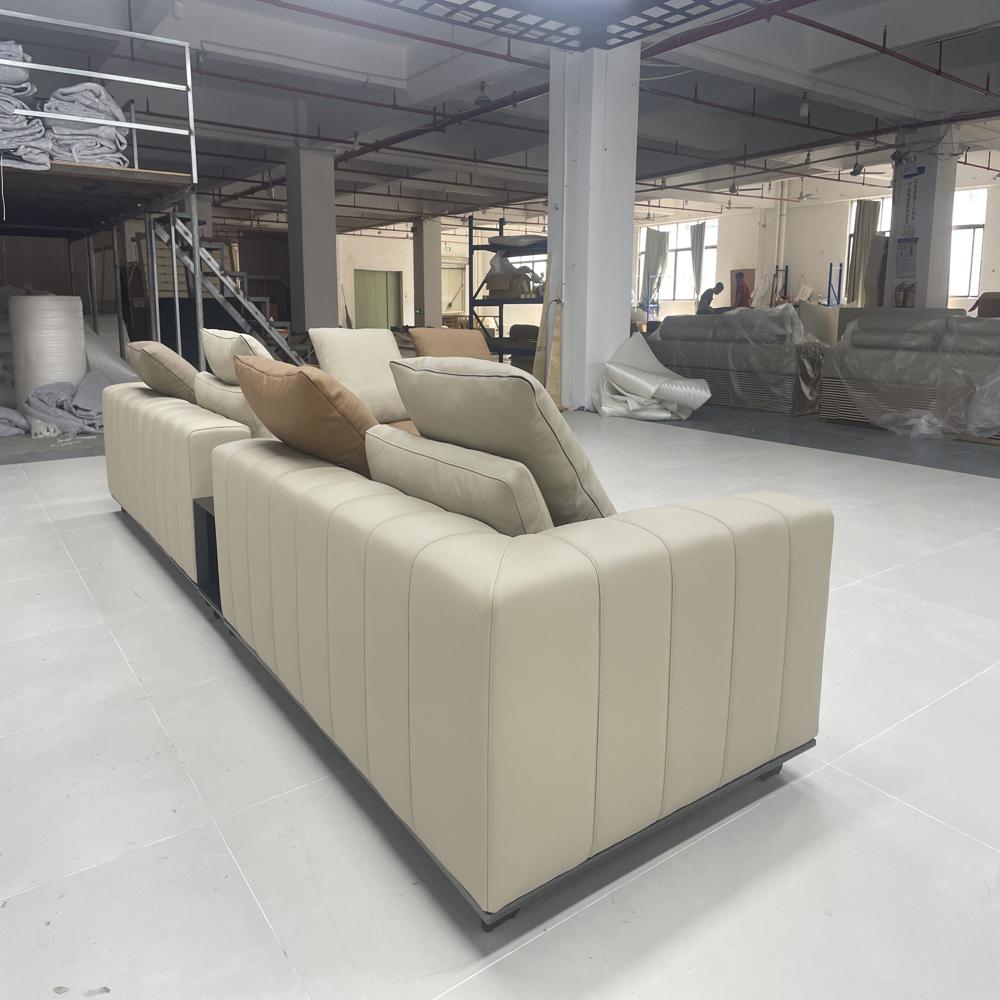 Modern Modular L-Shaped Sofa, Dual-Tone Beige & Tan Upholstered Sectional with Integrated Side Table, Luxury Contemporary Sofa Set