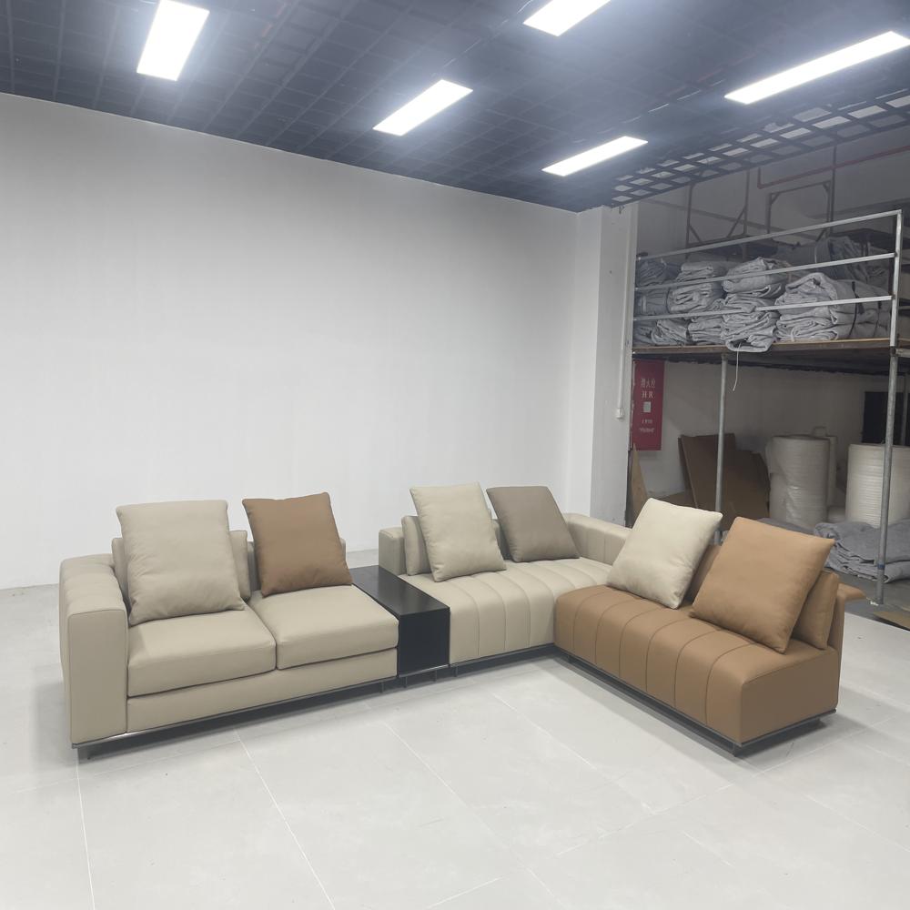 Modern Modular L-Shaped Sofa, Dual-Tone Beige & Tan Upholstered Sectional with Integrated Side Table, Luxury Contemporary Sofa Set