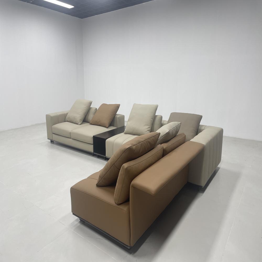 Modern Modular L-Shaped Sofa, Dual-Tone Beige & Tan Upholstered Sectional with Integrated Side Table, Luxury Contemporary Sofa Set