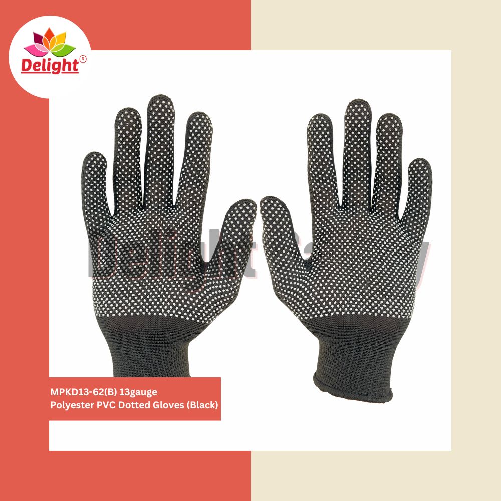Delight MPKD13-62(BLK) 13 Gauge Black Polyester PVC Dotted Hand Gloves