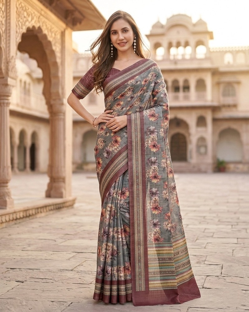 Elegant Floral Digital Print Saree