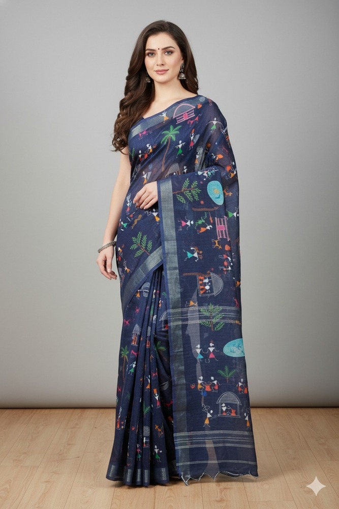 Elegant Printed Linen Saree