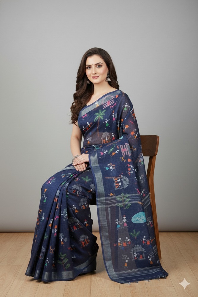 Elegant Printed Linen Saree