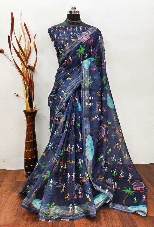Elegant Printed Linen Saree