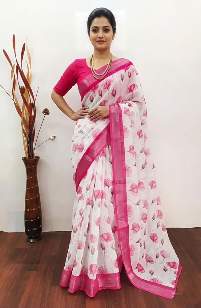 Elegant Floral Linen Saree