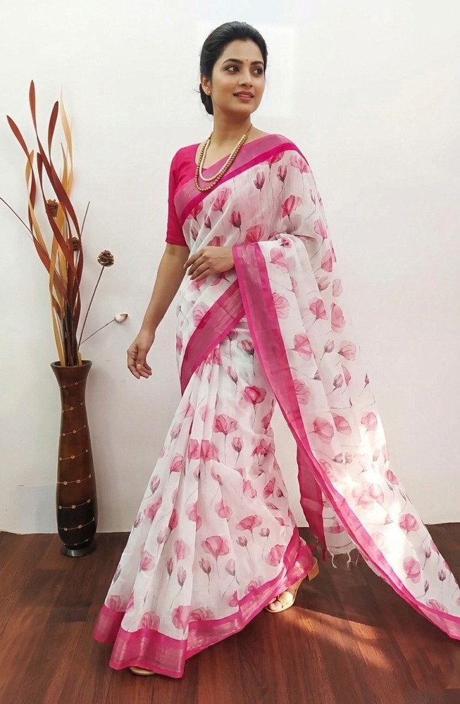 Elegant Floral Linen Saree