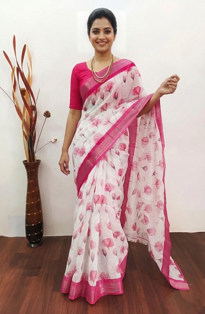 Elegant Floral Linen Saree