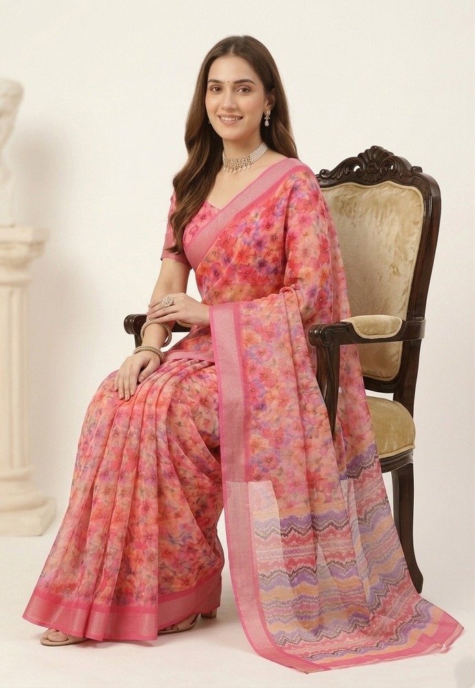 Elegant Floral Digital Print Fancy Saree