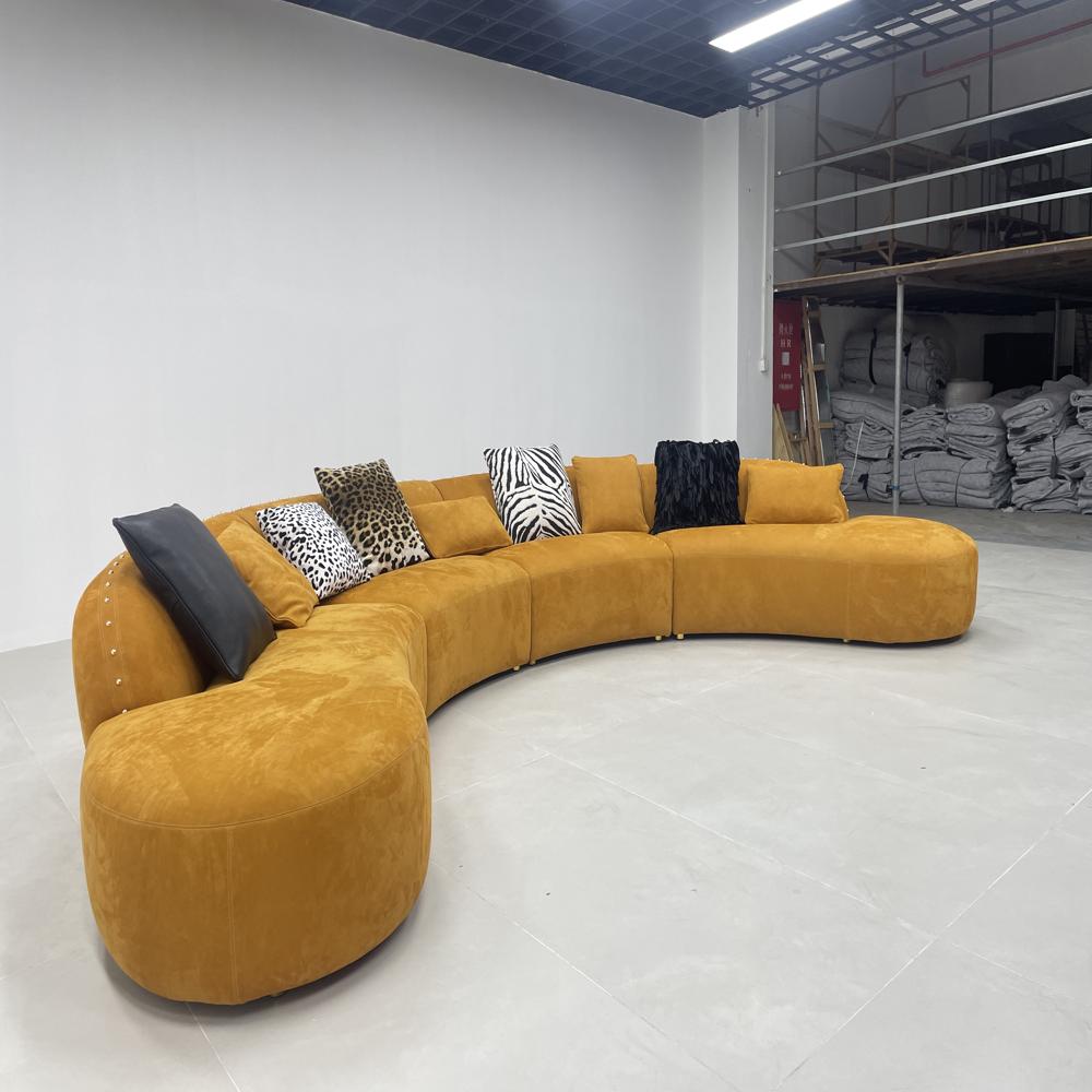 Modern Curved Sectional Sofa, Mustard Yellow Velvet Circular Sofa with Decor Pillows,
