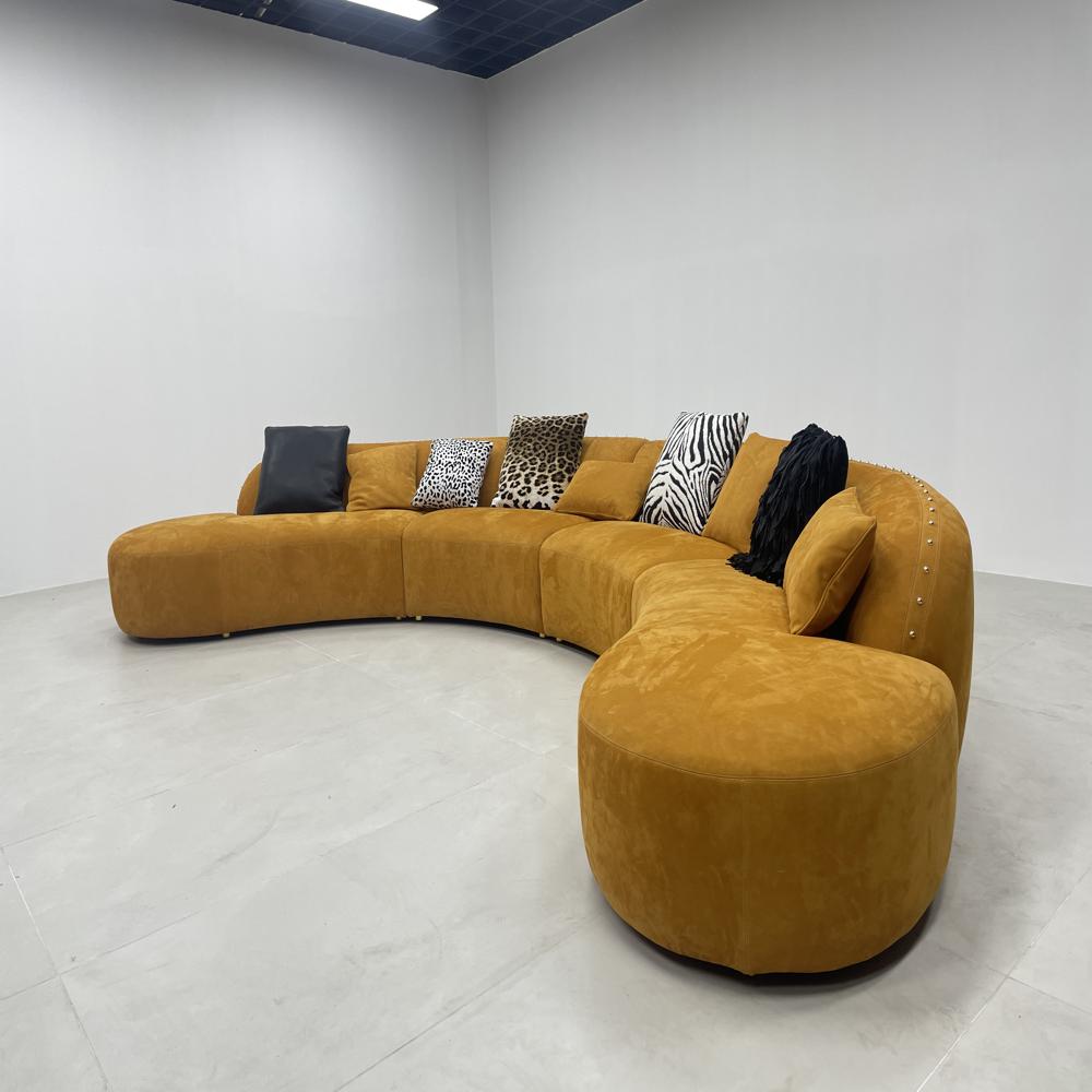 Modern Curved Sectional Sofa, Mustard Yellow Velvet Circular Sofa with Decor Pillows,