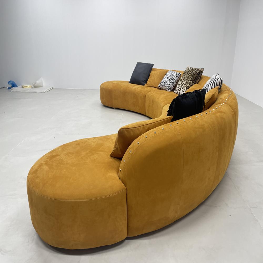 Modern Curved Sectional Sofa, Mustard Yellow Velvet Circular Sofa with Decor Pillows,