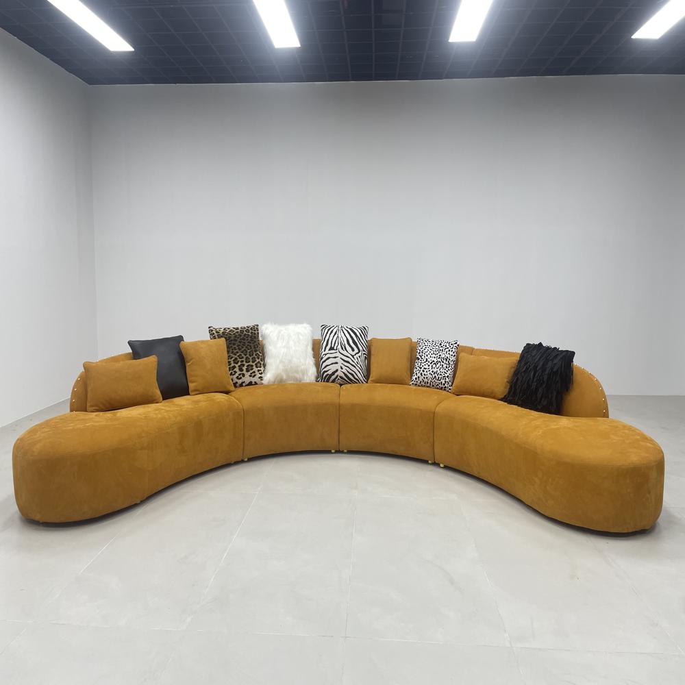 Modern Curved Sectional Sofa, Mustard Yellow Velvet Circular Sofa with Decor Pillows,