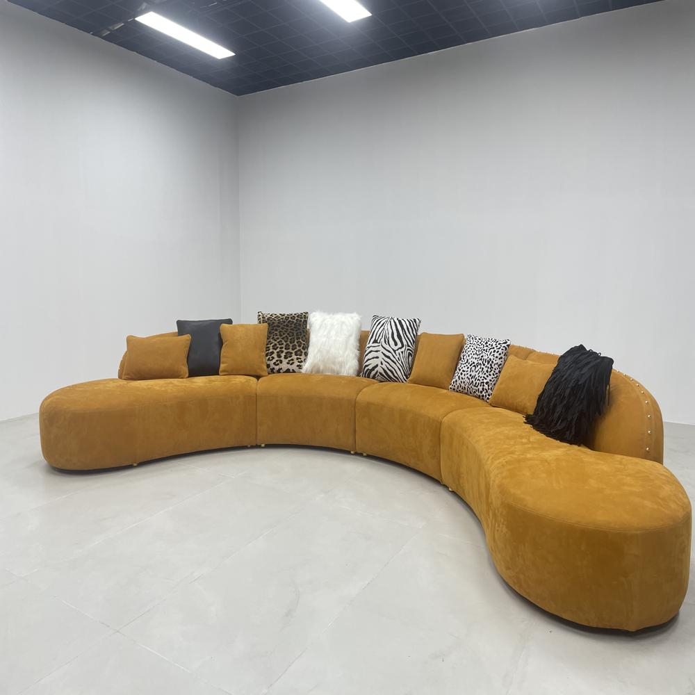 Modern Curved Sectional Sofa, Mustard Yellow Velvet Circular Sofa with Decor Pillows,
