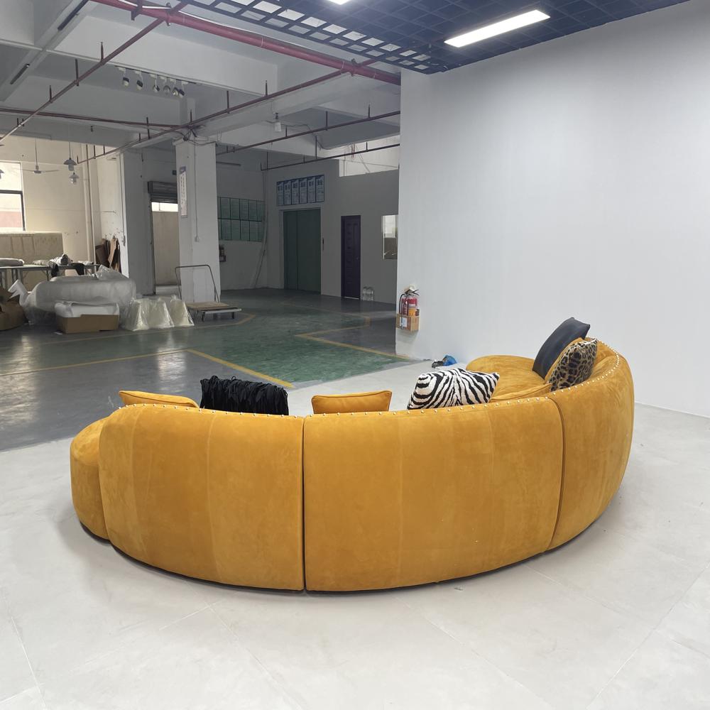 Modern Curved Sectional Sofa, Mustard Yellow Velvet Circular Sofa with Decor Pillows,