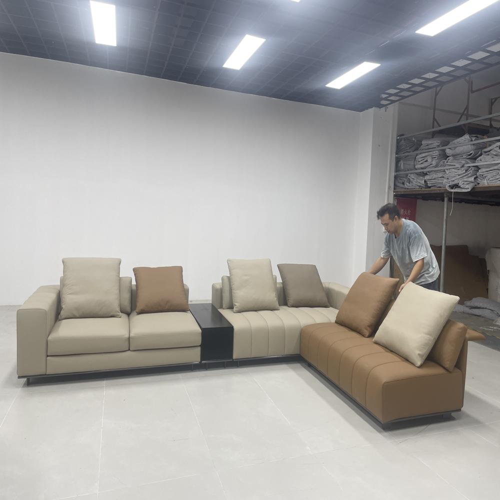 Modern Modular L-shaped Sofa, Dual-tone Beige & Tan Upholstered Sectional With Integrated Side Table, Luxury Contemporary Sofa Set - General Use: Yes