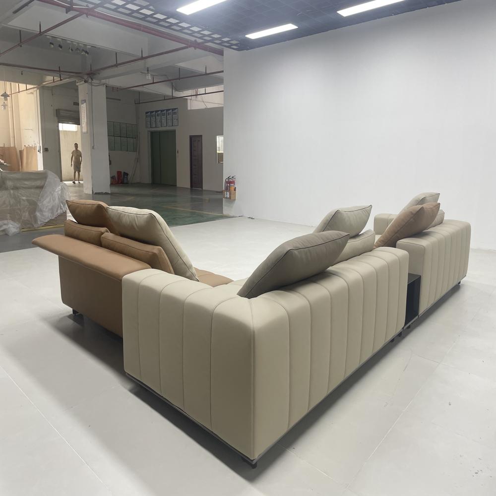 Modern Modular L-Shaped Sofa, Dual-Tone Beige & Tan Upholstered Sectional with Integrated Side Table, Luxury Contemporary Sofa Set