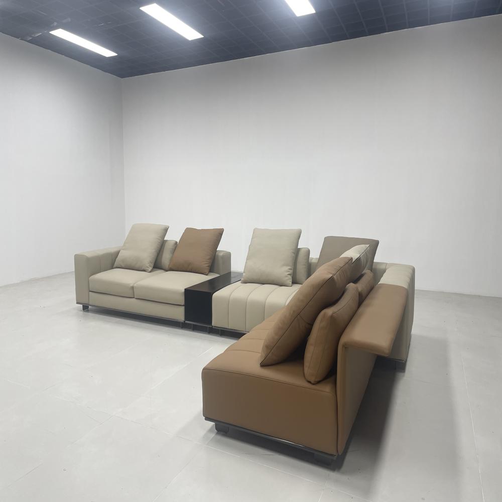 Modern Modular L-Shaped Sofa, Dual-Tone Beige & Tan Upholstered Sectional with Integrated Side Table, Luxury Contemporary Sofa Set