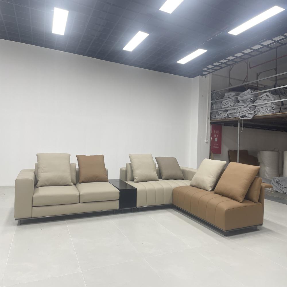Modern Modular L-Shaped Sofa, Dual-Tone Beige & Tan Upholstered Sectional with Integrated Side Table, Luxury Contemporary Sofa Set