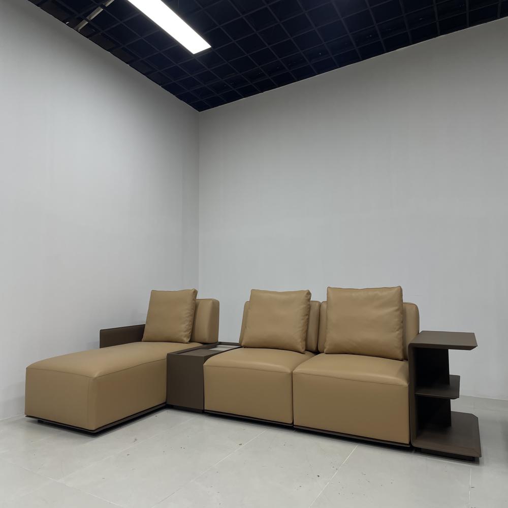 Modern L-Shaped Modular Genuine Leather Sectional Sofa with Side Console & Storage, Minimalist Living Room Chaise Lounge Sofa Set