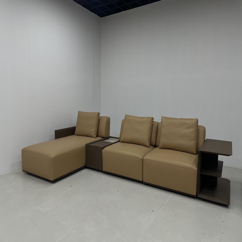 Modern L-Shaped Modular Genuine Leather Sectional Sofa with Side Console & Storage, Minimalist Living Room Chaise Lounge Sofa Set