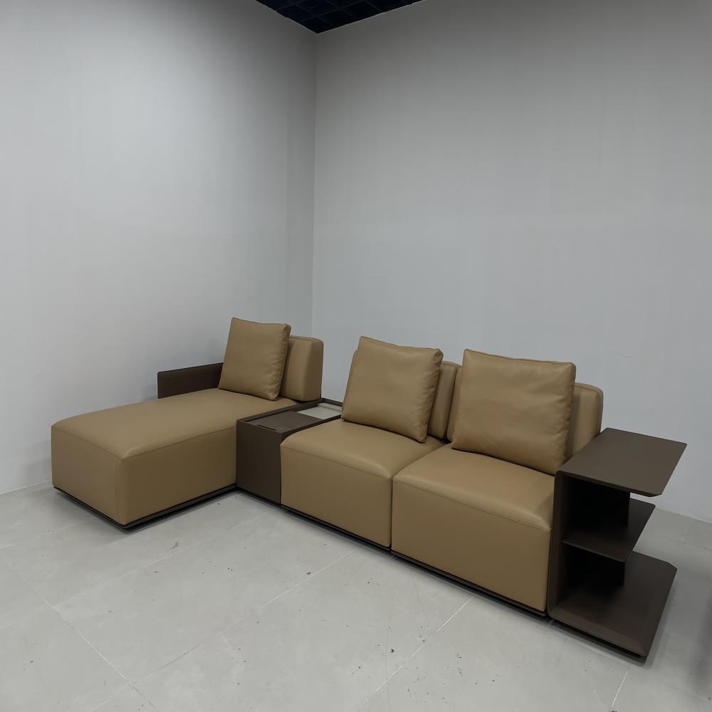 Modern L-Shaped Modular Genuine Leather Sectional Sofa with Side Console & Storage, Minimalist Living Room Chaise Lounge Sofa Set