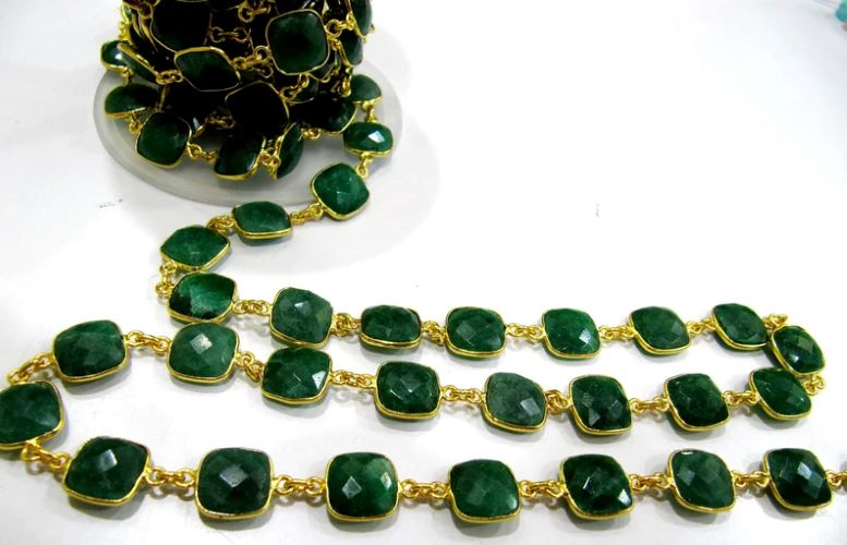Emerald Cushion Shape Briolette Bezel Connector Chain 10mm Sold Per Foot