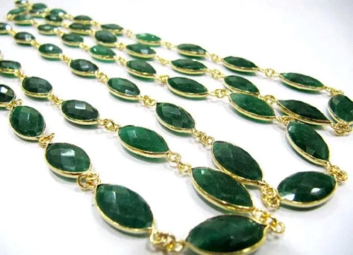 Emerald Marquise Shape Briolette Faceted Bezel Connector Chain 9x15mm Gold Plated Sold Per Foot