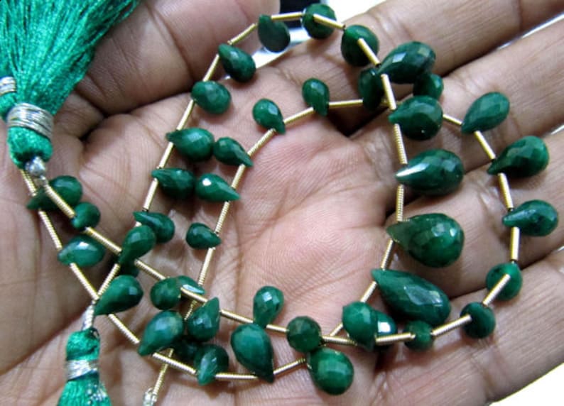 Natural Emerald Corundum Tear Drops 5x6mm To 9x14mm Graduated Briolette Beads - Beads Colour: Green