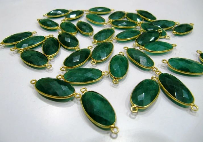Set of 2- Emerald Oval Shape Briolette Connector Double Loop Size 12x22mm Precious Gemstone