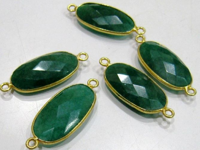 Set of 2- Emerald Oval Shape Briolette Connector Double Loop Size 12x22mm Precious Gemstone