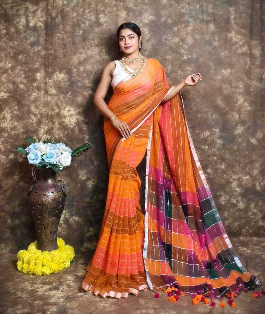 Lilen Multicolor Check Rainbow Saree