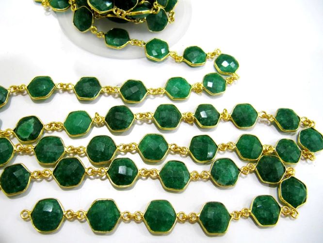Emerald Hexagon Briolette Faceted 10mm Bezel Connector Chain Sold Per Foot