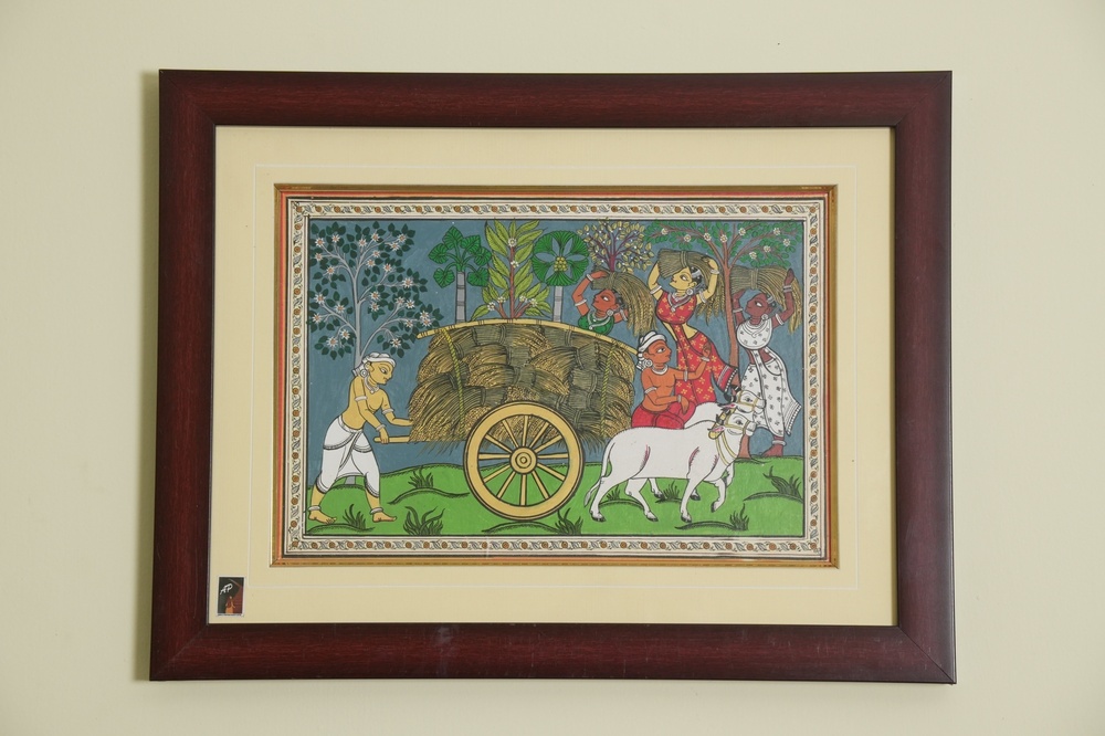 The Evening Harvest Scene Pattachitra On Tassar Silk - Size: 24 X 36 Inches (Approximate)