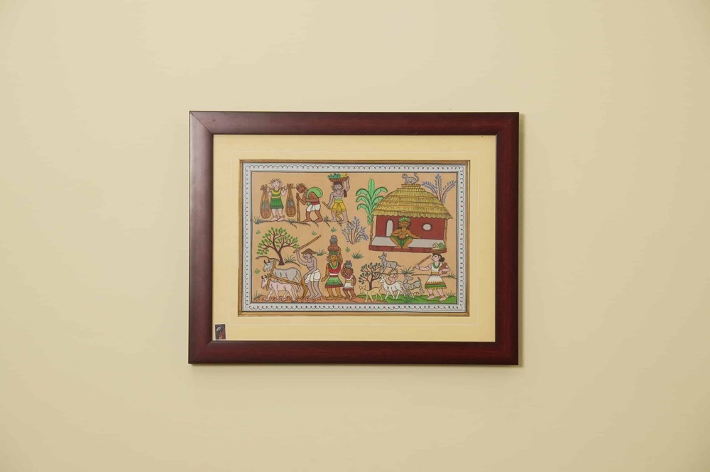 The Evening Chores Tribal Painting on Tassar Silk