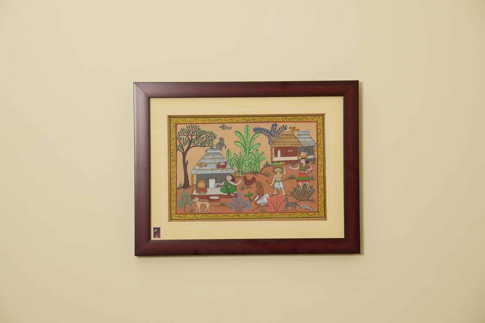 The Village Courtyard Tribal Painting on Tassar Silk