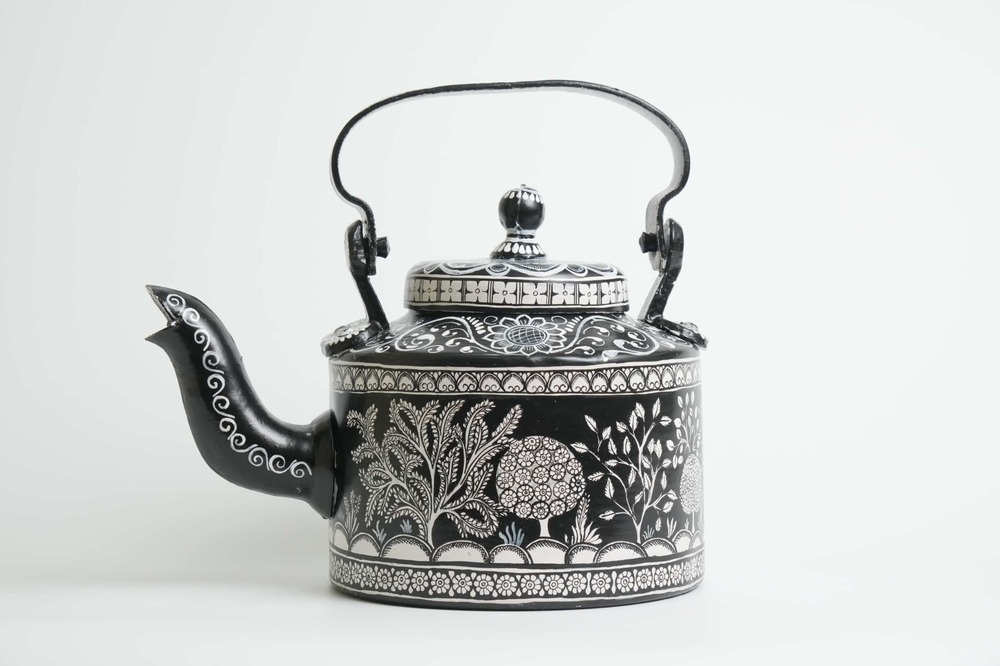 Monochrome Forest Whisper Pattachitra Kettle - Size: Approx. 8 Inches (Height Including Handle)