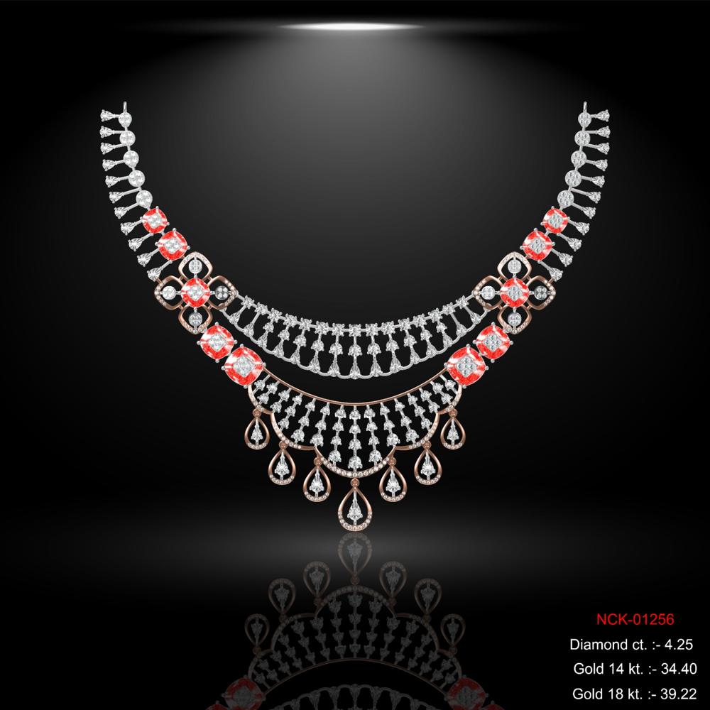 Radiant Ruby & Diamond Two-tier Statement Necklace - Diamond Carat Weight: 18 Carat