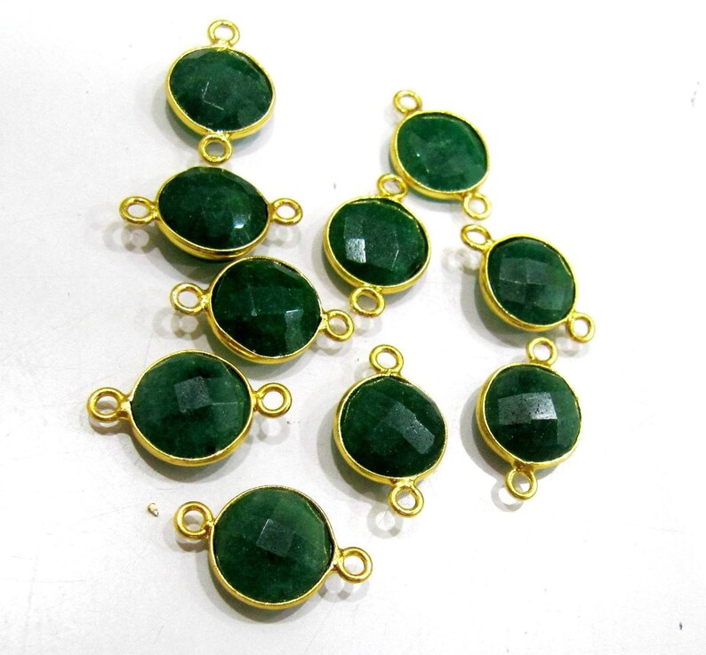 Set of 2 -Dyed Emerald Coin Shape Briolette Connectors , Gold Plated Double Loop Bezel
