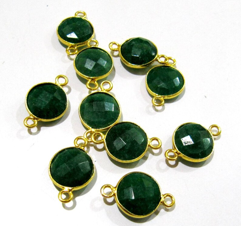 Set of 2 -Dyed Emerald Coin Shape Briolette Connectors , Gold Plated Double Loop Bezel