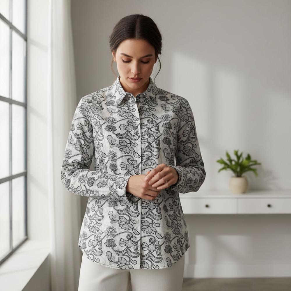 Women Casual Cotton Block Print Shirt