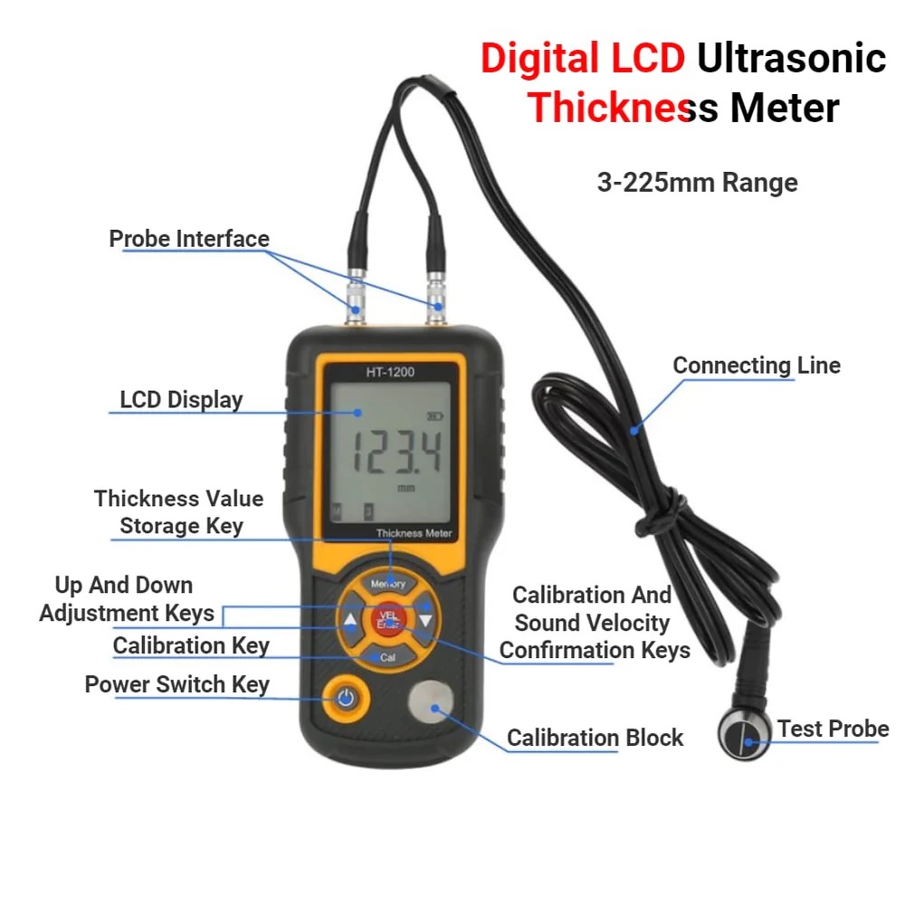 Ultrasonic Thickness Gauge Meter Steel Thickness Tester 1.2-225mm Range 0.1mm Resolution, HT-1200