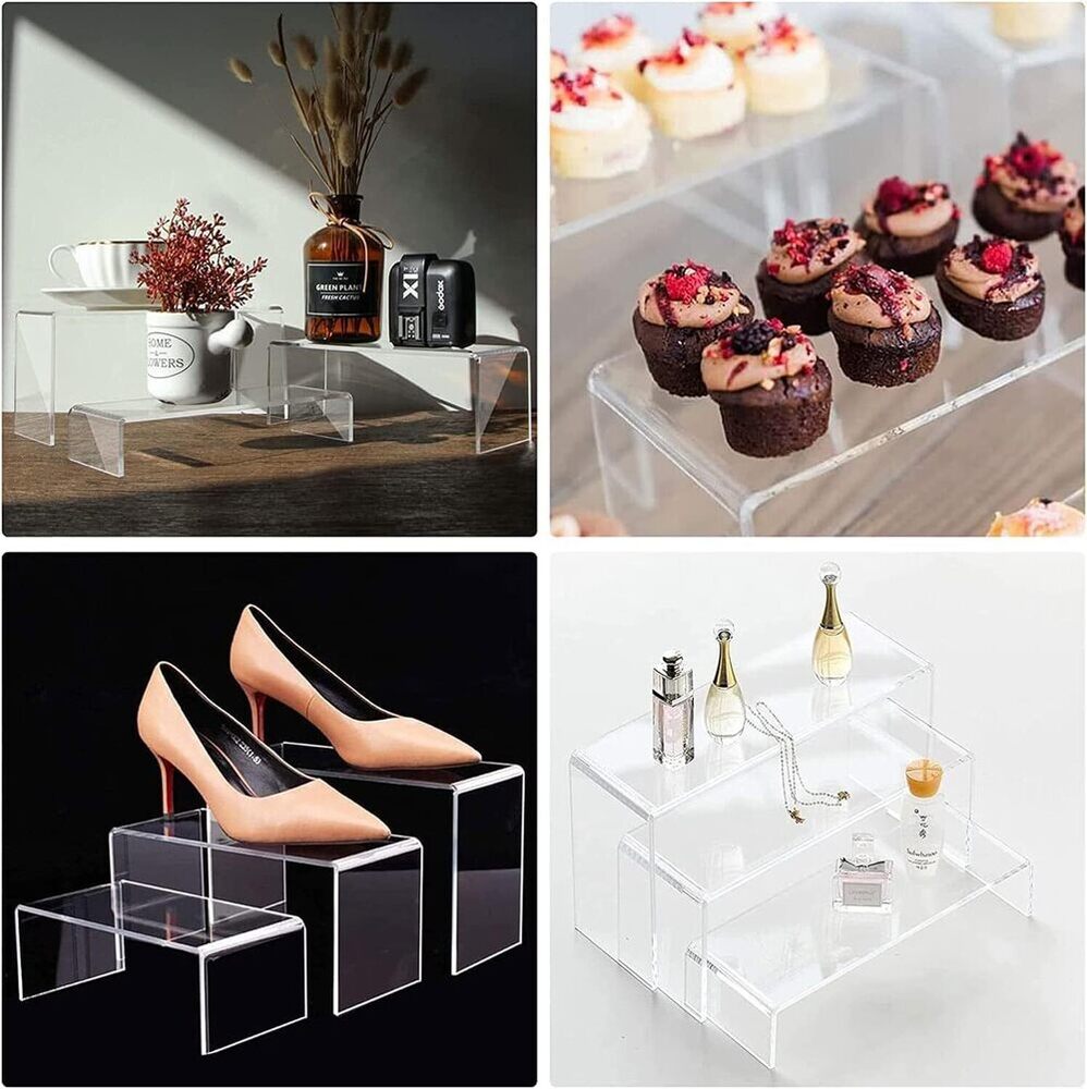 Rasper Clear Acrylic Display Risers 3 Tier Step Organizer Stands for Collectibles Cosmetics Perfumes Jewelry Cupcakes Figures Shoes & Dessert Display Acrylic 3 Step Tray For Shop Counter(Set Of 3 Pcs)