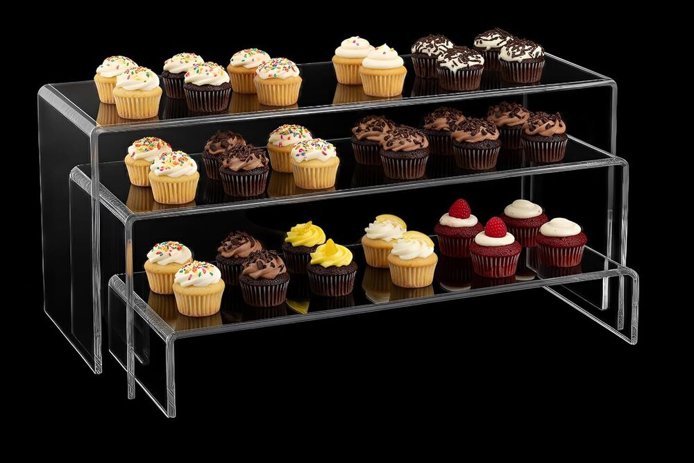 Rasper Clear Acrylic Display Risers 3 Tier Step Organizer Stands for Collectibles Cosmetics Perfumes Jewelry Cupcakes Figures Shoes & Dessert Display Acrylic 3 Step Tray For Shop Counter(Set Of 3 Pcs)